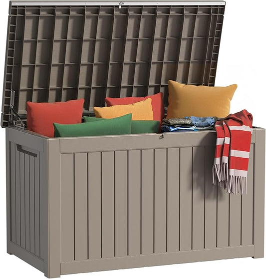Deck Box - 280 Gallon Large Outdoor Storage box,Waterproof Patio Furniture and Storage Deck - Lockable and UV Resistant, Perfect for Pool and Outdoor Use, Weatherproof Resin, Lockable (Light Brown) MAIUSCOLI