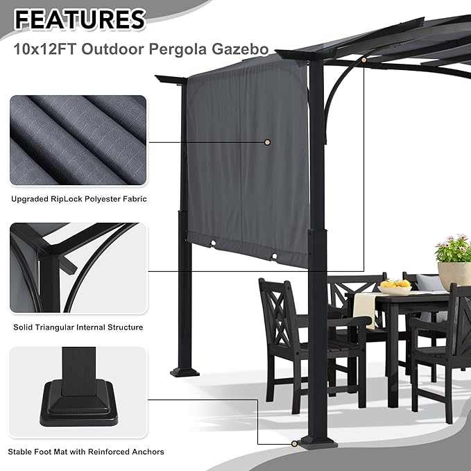 MASTERCANOPY 10x12ft Outdoor Retractable Pergola with Sun Shade Canopy Patio Metal Garden Pergola,Dark Grey MASTERCANOPY