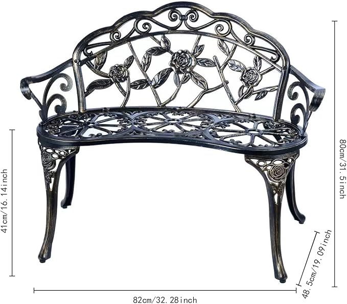 JARDIN DE CENTENNIAL Patio Garden Bench Metal Park Bench Cast Aluminum Outdoor Furniture with Floral Rose for Patio,Park,Lawn,Yard (Copper) JARDINDECENTENNIAL