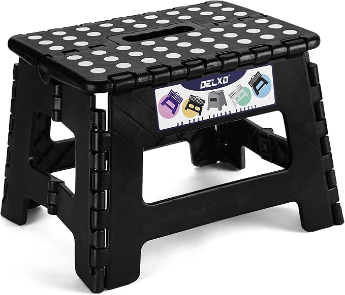 Delxo 9 Inch Folding Step Stool, Black Step Stools for Kids Foldable,Portable Collapsible Step Stool with Handle, Folding Stool for Kitchen Bathroom,Bedroom,Garden Delxo