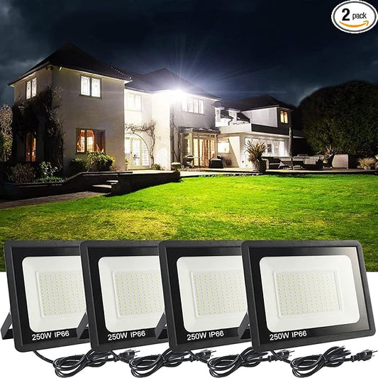 4Pack LED Flood Light Outdoor,250W LED Work Light 25500lmwith 6FT US Plug,IP66 Waterproof Exterior Security Lights,6000K Daylight White Outside Floodlights Slim Design for Playground Yard MUCLUD