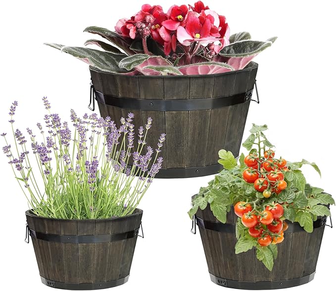 Idzo Set of 3 Wooden Flower Planters for Outdoor Plants, Acacia Wood Barrel Planters, Ergonomic Handles, Drainage Holes, Various Sizes, Black Idzo