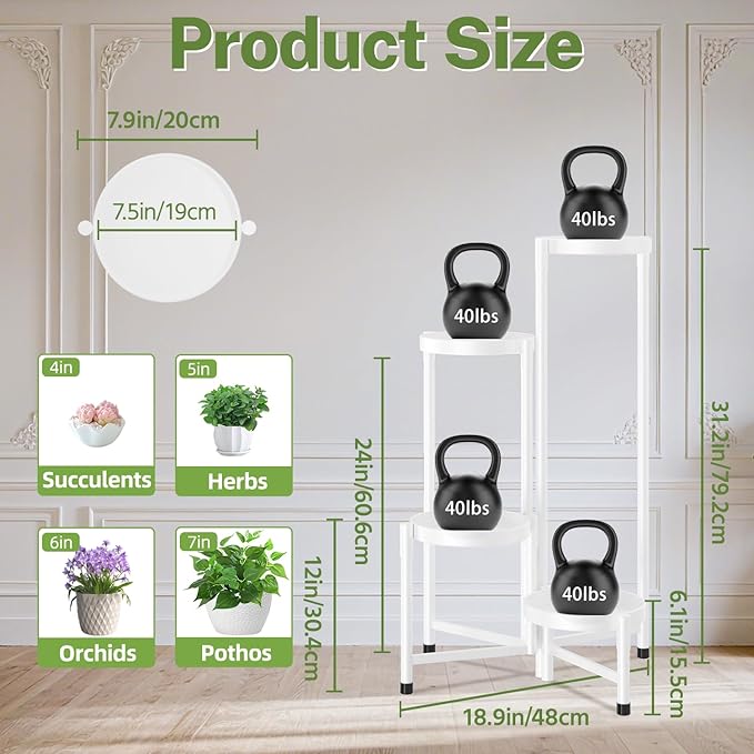 iDavosic.ly Plant Stand Indoor Outdoor, 4 Tier Corner Metal Flower Display Holder Shelf, Easy Assembly Folding Tall Orchid Rack for Patio Balcony Porch Garden Living Room House, White iDavosicly