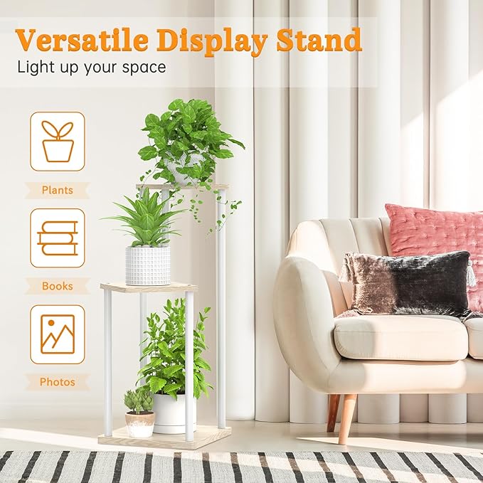 3 Tier Plant Stand Indoor Outdoor, Metal Wood Tiered Corner Plant Stands Pot Holder, Wood Flower Shelf Orchid Display Rack for Living Room Bedroom Balcony Garden Patio, Modern White Oppro