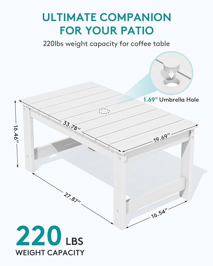 SERWALL Outdoor Coffee Table with 9FT Umbrella, HDPE Patio Coffee Table for Outside, Rectangle, White(Not Include Umbrella Base) SERWALL