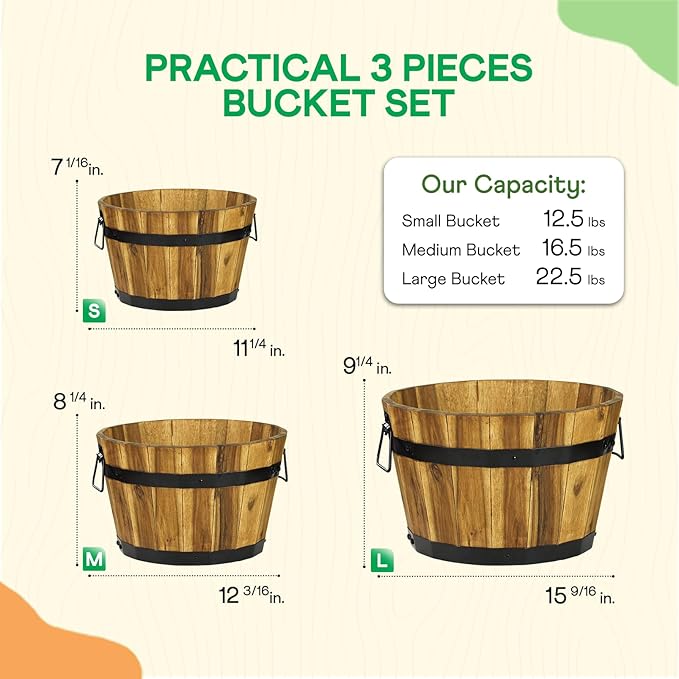 Idzo Set of 3 Wooden Flower Planters for Outdoor Plants, Acacia Wood Barrel Planters, Ergonomic Handles, Drainage Holes, Various Sizes, Golden Teak Idzo