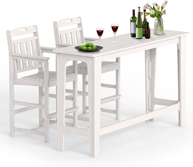 Ciokea 3 Pcs Outdoor Bar Height Table Set, 60" Extra Long Rectangle High Top Table and 2 Oversized Adirondack Chairs Set, Heavy-Duty All-Weather HDPE Patio Bar Set for Backyard Balcony Deck, White CIOKEA