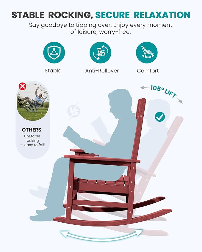 SERWALL Oversized Outdoor Rocking Chair, All-Weather Patio Rocking Chair, HDPE Porch Rocker for Adults, Red SERWALL
