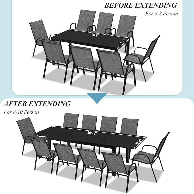 Outdoor Expandable Dining Table 71"-106" Aluminum Patio Dinner Table for 8-10 Person, Rectangular Metal Collapsible Tables with Umbrella Hole, Patio Tables with Extendable Top for Garden, Backyard PIZZELLO