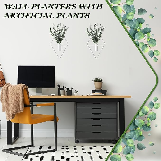 Jexine 8 Pcs Hanging Planters with Artificial Eucalyptus Metal Hanging Vase Indoor Plants Holder Modern Geometric Boho Bathroom Wall Decor for Living Room Home Office (Eucalyptus,White) Jexine