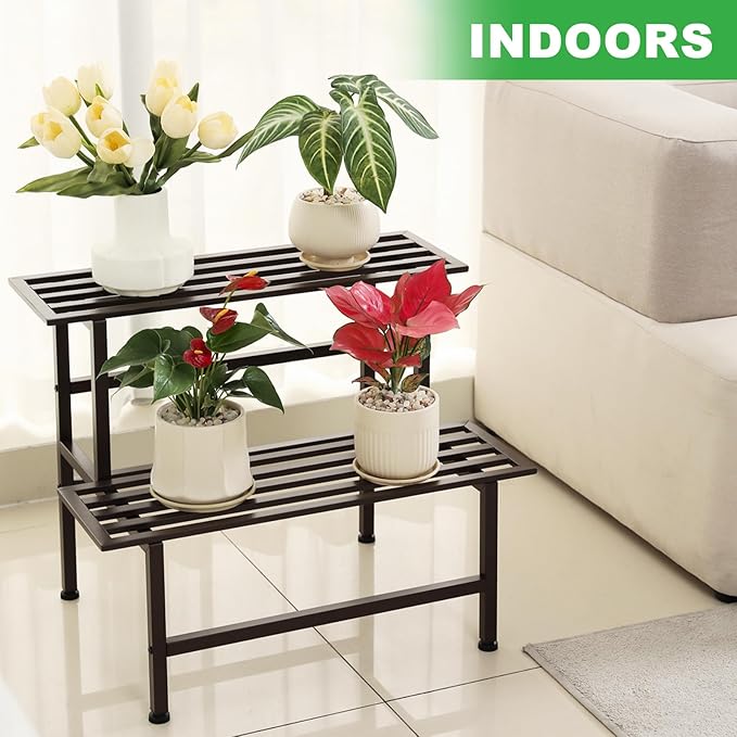 Metal Plant Stand Outdoor Plant Shelf Indoor,2 Tier Heavy Duty Ladder Plant Stands for Multiple Plants,26" L x 20.25" H x 17.75" W,Coffee Dipion