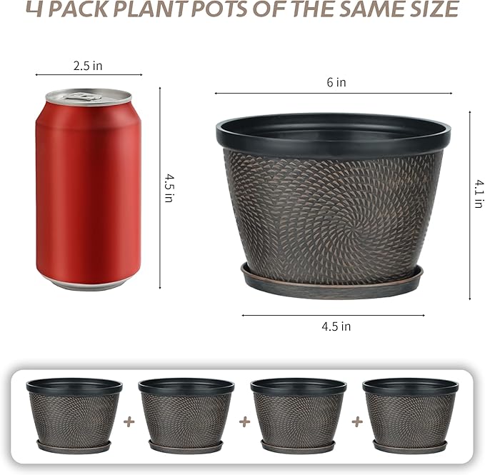 Quarut 4 Pack 6 Inch Flower Pots for Outdoor Indoor, Plastic Plant Pots with Drainage Hole & Saucer, Lightweight Small Flower Pot, Circle Pattern Planters for Garden House planters（Brown） Quarut