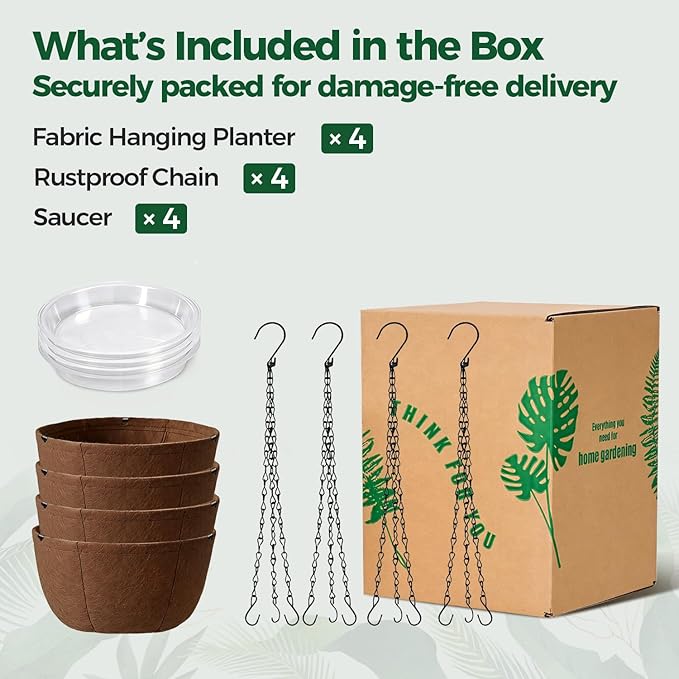 T4U Hanging Planters for Outdoor Plants, 10 Inch 4 Pack Fabric Hanging Baskets with Drainage Tray, Decorative Hanging Pots for Plants Outdoor Patio Porch Garden Use（Brown） T4U