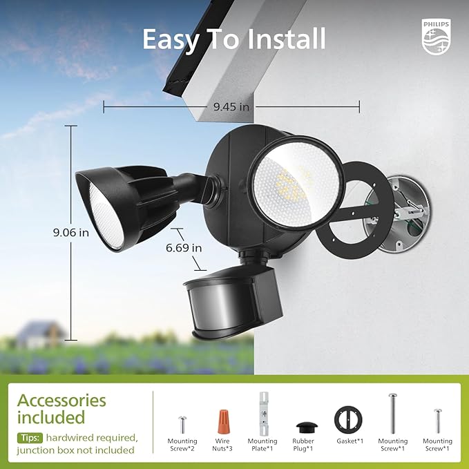 Philips 44W 4200 lm LED Security Light Outdoor w/PIR Motion Sensor, 5000K Daylight Flood Light, Waterproof, Dusk to Dawn, 2 Heads, 4 Modes PhilipsLightingLED