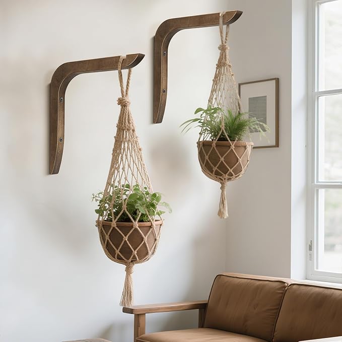 USION Wooden Plant Hangers Indoor Wall Mount, 8.6-Inch Hanging Plant Hooks for Wall, Basket Hooks for Lanterns, Flower Bracket, Wind Chimes, Light, Bird Feeders Decoration (Brown 4PCS) usion