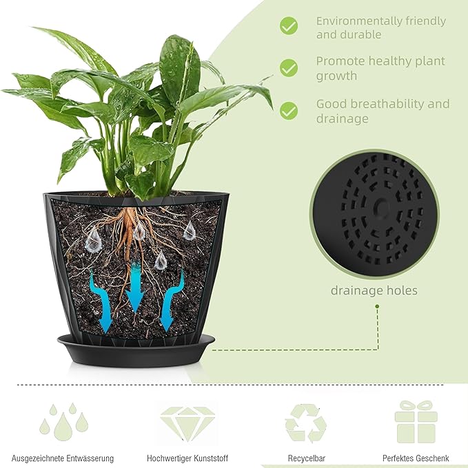 7 Inch Plant Pots 5 Pack, Flower Planters with Drainage Holes and Trays,Plastic Pots for Indoor Outdoor Plants,Black SQKH