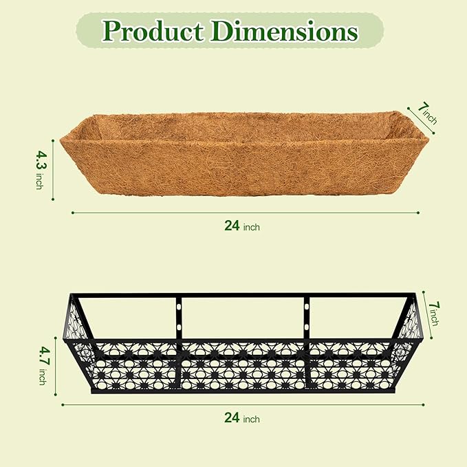 SPECILITE 24" Window Boxes Planters, Heavy Duty Metal Railing Planter Boxes, Adjustable Balcony Planters for Railing Hanging, with Coco Liner & Tool Set for Deck, Porch, and Patio Gardening (6 Pack) SPECILITE