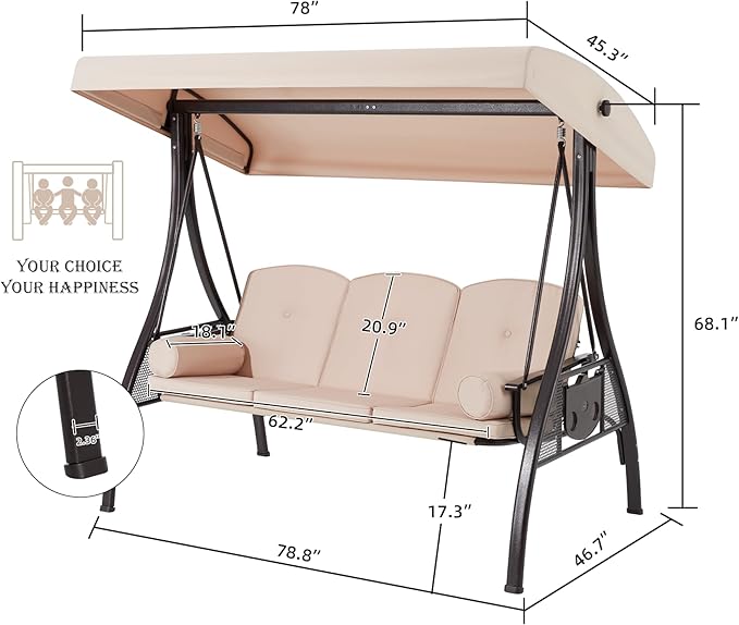 HOMREST 3 Seat Outdoor Porch Swing with 1.5" Deepened Cup Holder, Adjustable Canopy, Patio Swing Bed with Stand, Patio Glider Swing with Thicken Cushions, Pillow for Yard, Garden(Khaki) HOMREST