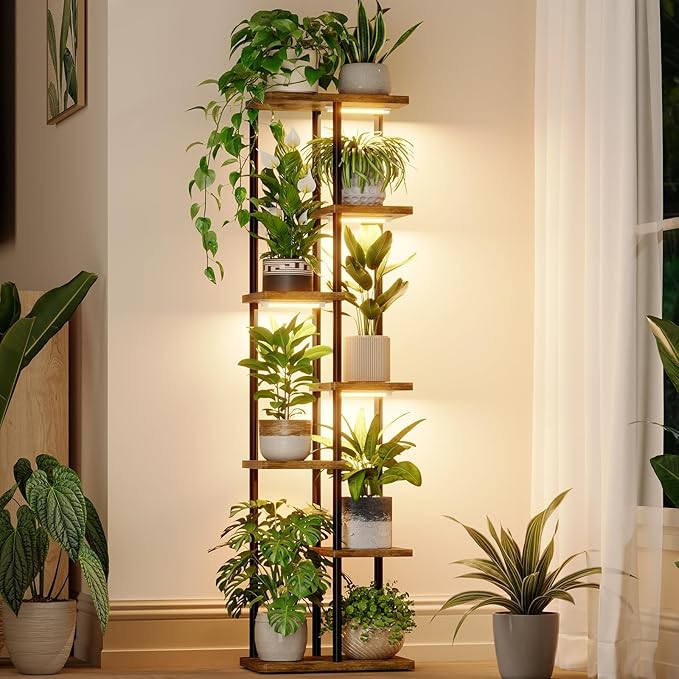 Bamworld Plant Stand with Grow Light for Indoor Plants Corner 7 Tier Metal Plant Shelf Wood Flower Stand for Home Living Room Decor Patio Decor Bamworld