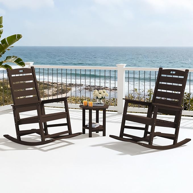 SERWALL Outdoor Rocking Chair Set of 4, Oversized HDPE Patio Rocking Chair with Footrest for Adults, All Weather Porch Rocker for Deck Patio Balcony, Coffee SERWALL