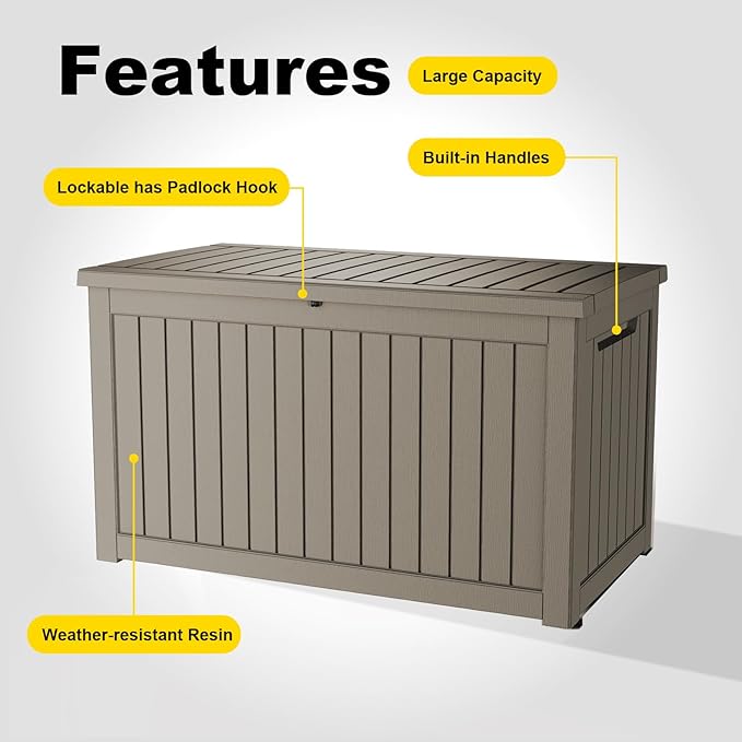 280 Gallon Outdoor Storage Box, Large Resin Deck Box for Patio Cushions, Garden Tools, Pool Accessories, Waterproof and Lockable Design, Storage Bench for Backyard & Deck(Gray) Rootora