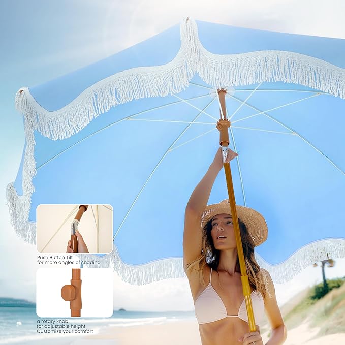 PHI VILLA 7ft Beach Umbrella with Fringe & Sand Anchor, Outdoor Patio Heavy Duty Windproof Portable Tassel Umbrellas for Sand with Push Button Tilt & Carrying Bag, UPF 50+, Light Blue (No Base) PHIVILLAThepioneerofcomfortablehouseholdsupplies