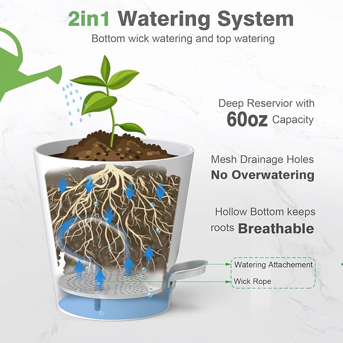 12inch Large Self Watering Plant Pot, Plastic Cylinder Planter with 60Oz Deep Reservoir and Saucer for Indoor Outdoor Plants Flowers Houseplants, White SwinDuck