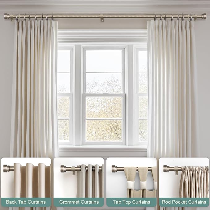 2 Pack Retro Silver Curtain Rods Set for Windows 28 to 48 Inches Adjustable Length Heavy Duty 1" Diameter Window Curtain Rod with Decorative Finials for Outdoor Bedroom Kitchen Living Room Farmhouse Rootora