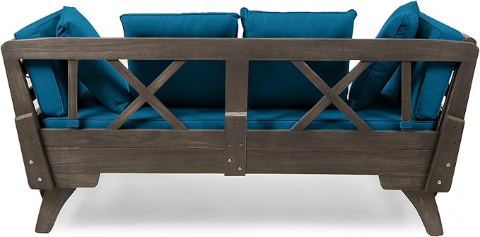 Merax Outdoor Patio Daybed Sofa,3-Seat Sofa with Foldable Arm 4 Back Pillows,Teak Acacia Wood Frame Beige Removable Cushion,Grey+Teal Merax