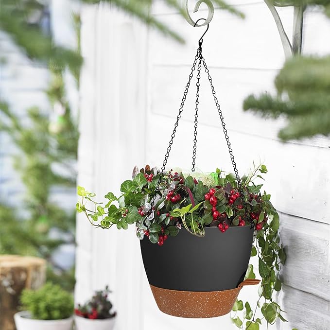10/9/8 Inch Hanging Planter for Indoor Outdoor Plants, 3 Pack Self-Watering Hanging Pot with Drainage Holes Hanging Planter Baskets Plant Pots with Removable Tray (Black+Brown) Lucieblessdesign