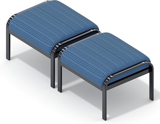 HOMREST Metal Outdoor Ottoman, 3-Piece Aluminum Footstool w/Removable Cushion, Multipurpose Footrest Stool with Coffee Side Table Additional Seating, Set of 3 Outdoor Ottomans for Patio Deck (Blue) HOMREST