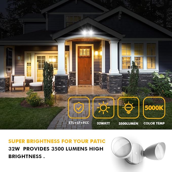 LUTEC 6222W-D2D 3500 Lumen 32 Watt Dusk to Dawn Dual-Head Flood Light Outdoor Waterproof Exterior Security Wall Light, Full Metal Design Floodlight for Patio, Garden, Yard-White LUTEC