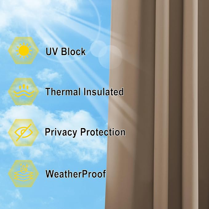NICETOWN Porch Curtainss Outdoor Waterproof for Patio Set of 2, Self-Stick Tab Top Blackout Indoor Outdoor Dividers Vertical Blinds Keep Privacy for Pergola/Patio, W52 by L84 inches, Tan NICETOWN