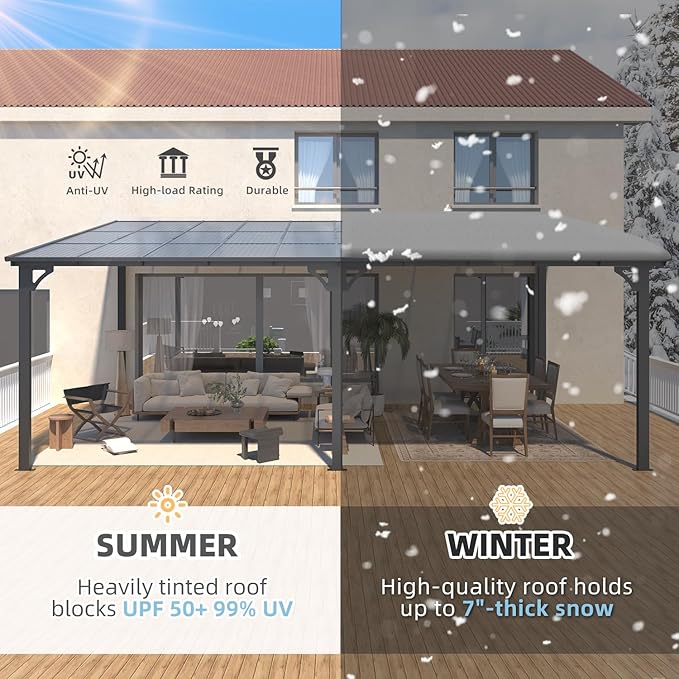 AECOJOY 20' x 12' Gazebo for Patio, Large Wall-Mounted Hard Top Lean-to Gazebo Pergola with Roof 12' x 20' on Clearance, Heavy Duty Patio Awnings for Decks, Backyard AECOJOY