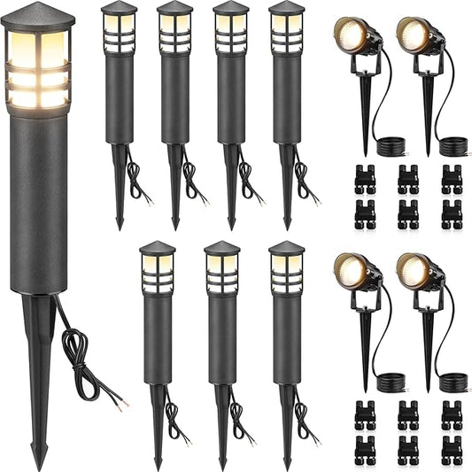 SUNVIE 12-Pack Low Voltage Landscape Lighting Kit LED Bollard Pathway Lights Wired with Spotlights for Garden, Path, Yard, Patio, Cast-Aluminum, IP65 Waterproof, 12-24V AC/DC, 3000K Warm White, Black SUNVIE