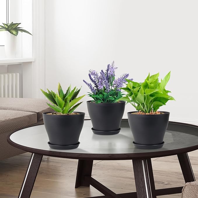 6 inch Plastic Nursery Pots, 16 Pack Plant Pots for Small Indoor Outdoor Plants, Flower Pots with Drainage Holes and Saucers, Decorative Seedling Starter Planters for House Plants, Black Meowell