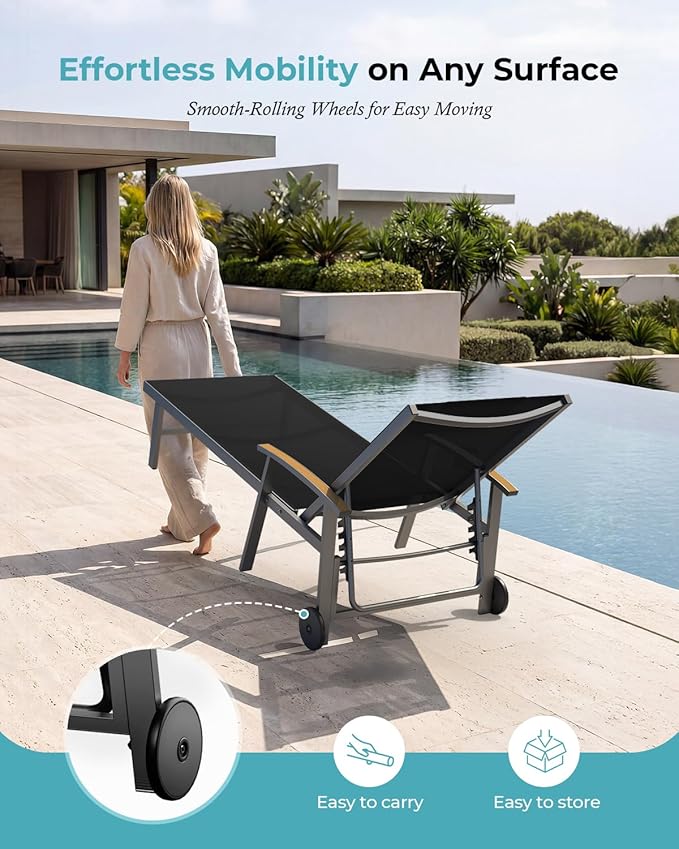 Ciokea Outdoor Lounge Chair with Pillow, 5-Position Aluminum Chaise Lounge with Wheels & Armrests, 400 lbs Heavy Duty Patio Pool Chair for Deck, Backyard, Beach & Poolside, Black CIOKEA