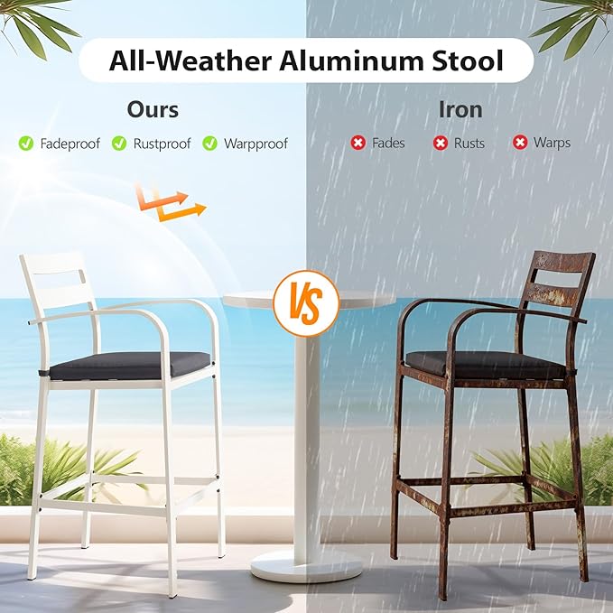 VINGLI Outdoor Bar Stools Set of 2, All-Weather Bar Height Aluminum Stools with 1.6" Thick Cushion, Rust-Proof Patio Chairs for Backyard, Poolside, Balcony & Kitchen Island (White) VINGLI