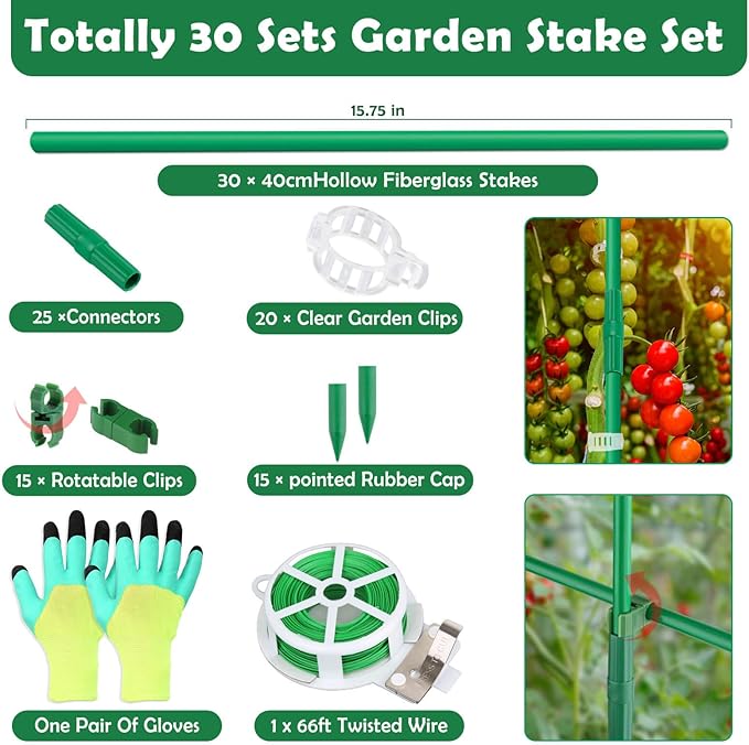 Cludoo 94PCS Garden Stakes Set with 30 Sets Fiberglass Plant Stakes Sticks Supports and Accessories, DIY 4ft 5ft 6ft 7ft Tomato Stakes for Tomato,Vegetables, Pepper, Indoor Outdoor Spring Plants Cludoo