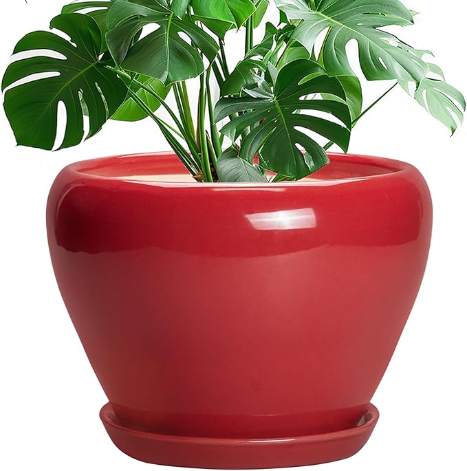10 Inch Plant Pot - Ceramic Planter for Indoor Outdoor Plants, Glaze Modern Round Planter with Drainage Hole and Saucer, Gifts for Plant Lovers, Home Room Garden Decor, Red Ceramicfor