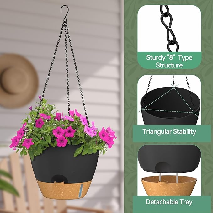 ZMTECH 12 Inch Hanging Planters for Indoor Outdoor Plants, 2 Pack Self Watering Hanging Plant Pots with Drainage Hole, Visual Reservoir, Plastic Flower Hanging Pots with Watering Lip (Black) HighQualityGardeningTools