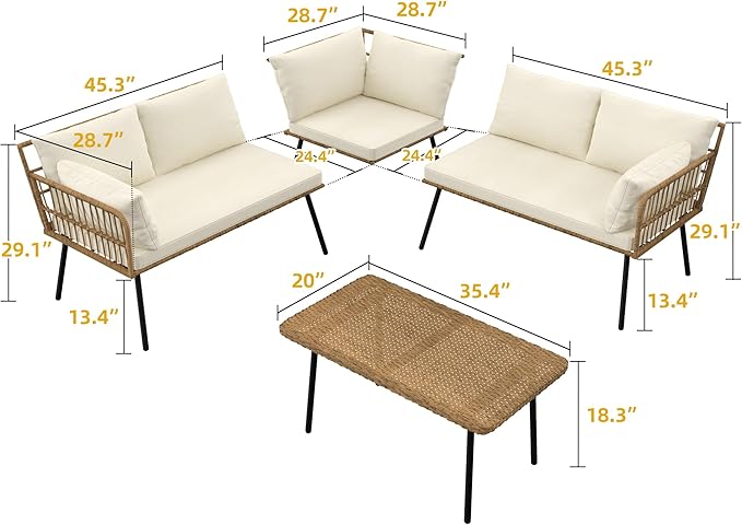 DWVO Patio Furniture Set, 4 Pieces Outdoor Patio Conversation Set, All-Weather PE Rattan Sectional L-Shaped Sofa with Soft Cushion and Side Table for Backyard, Porch, Boho Detachable Lounger (Beige) DWVO