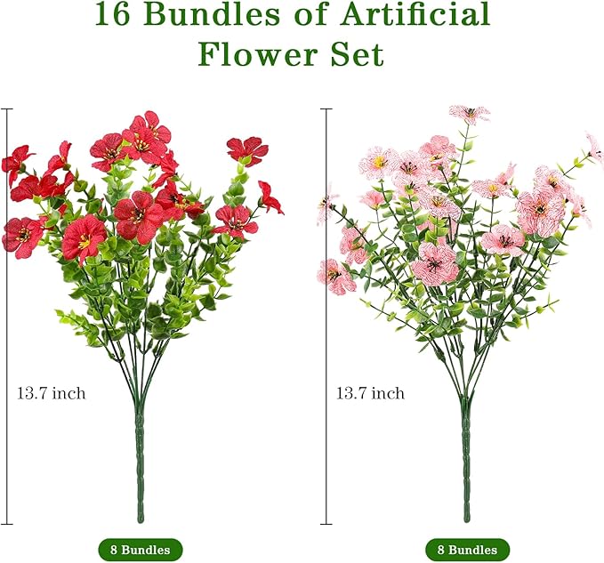 AGIRL 16 Bundles Artificial Flowers for Outdoor,No Fade Fake Plastic Flowers Faux Plants for Hanging Planters Decoration Indoor Outside Garden Porch Window Box Home Wedding AGIRL