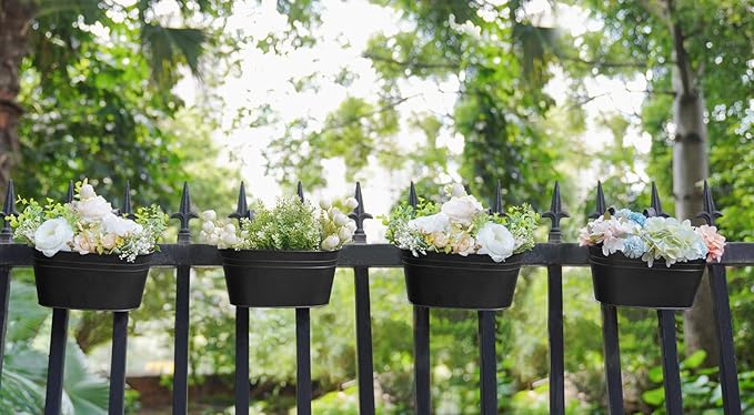 Dahey 10.5 Inch Metal Iron Hanging Flower Pots for Railing Fence Hanging Bucket Pots Countryside Style Outdoor Planter Window Flower Plant Holder with Detachable Hooks Home Decor, Black,4 Pcs Dahey
