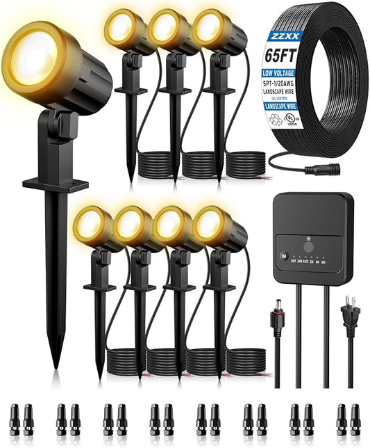 ZZXX 8 Pack Low Voltage Landscape Lights with Transformer and 65FT Wire 12-24V LED Landscape Lighting Kit 2700K Waterproof Landscape Spotlights with Connectors for House Yard Tree Garden ZZXX