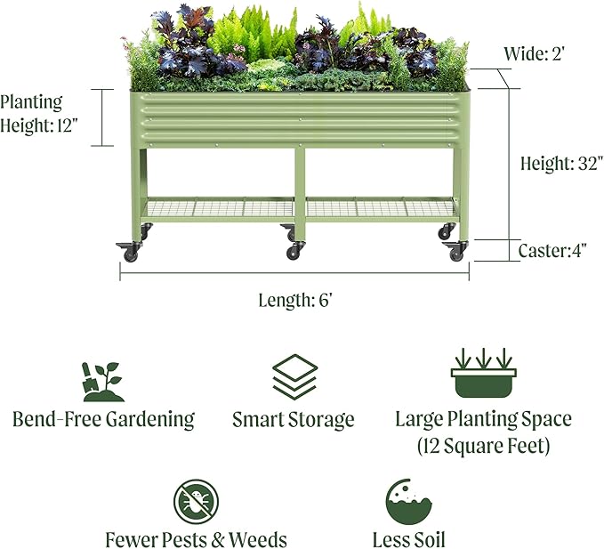 Rolling Elevated Raised Garden Bed-V Series, 2' x 6' Garden Beds with Legs & Storage Rack for Patio & Porch, 1000 Lbs Weight Capacity, Outdoor Planter Box for Vegetables Flower Herbs, Olive Green VegoGarden