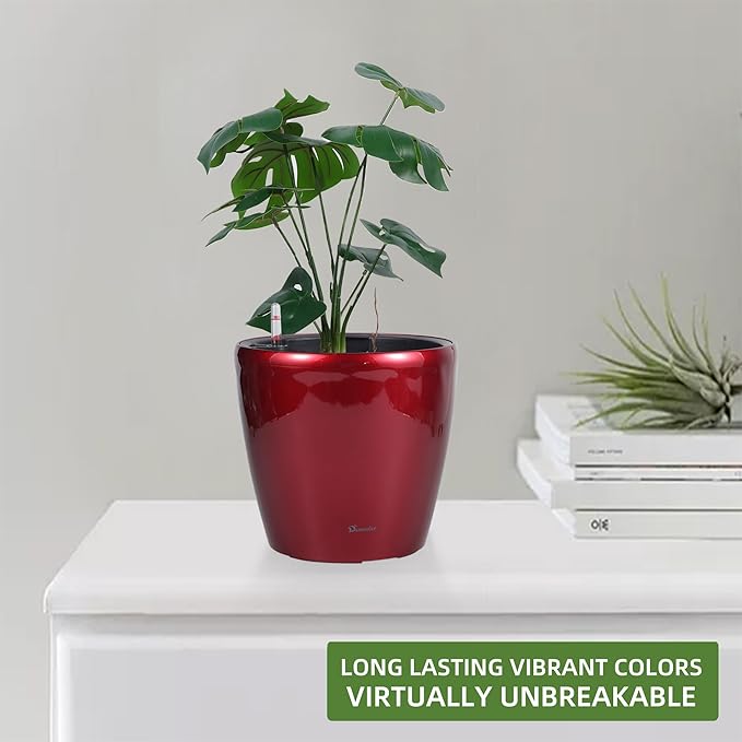 Dexceder 11x10 Inches High Gloss Self Watering Planter Indoor Outdoor, Inner Pot Design, Thickened Table Flower Plant Pot with Water Level Indicator (Red) Dexceder