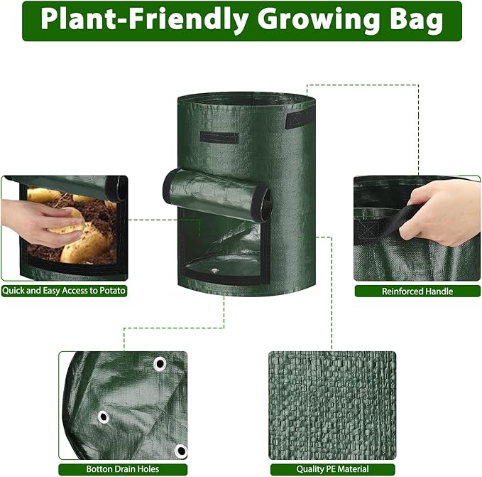 JJGoo Potato Grow Bags, 3 Pack 10 Gallon with Flap and Handles Planter Pots for Onion, Fruits, Tomato, Carrot - Green JJGoo
