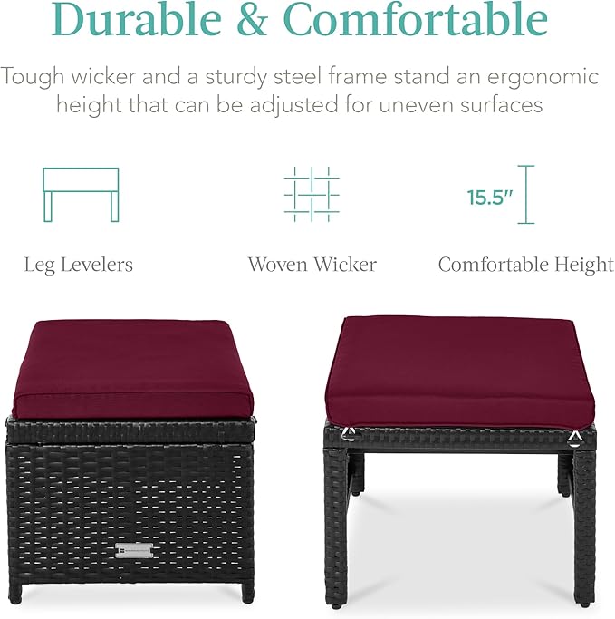 Best Choice Products Set of 2 Wicker Ottomans, Multipurpose Outdoor Furniture for Patio, Backyard, Additional Seating, Footrest, Side Table w/Removable Cushions, Steel Frame - Deep Burgundy/Black BestChoiceProducts