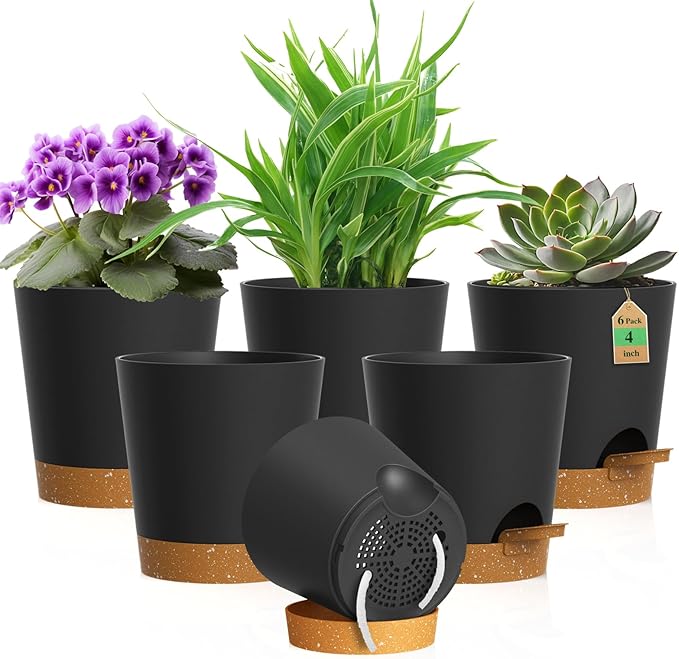 4 inch Self Watering Pots for Indoor Outdoor Plants, 6 Pack Plastic Flower Planters with Drainage Holes and Removable Saucers, Plant Pots with Wicking Rope, Modern Decor, Black Brown WSMKSZ